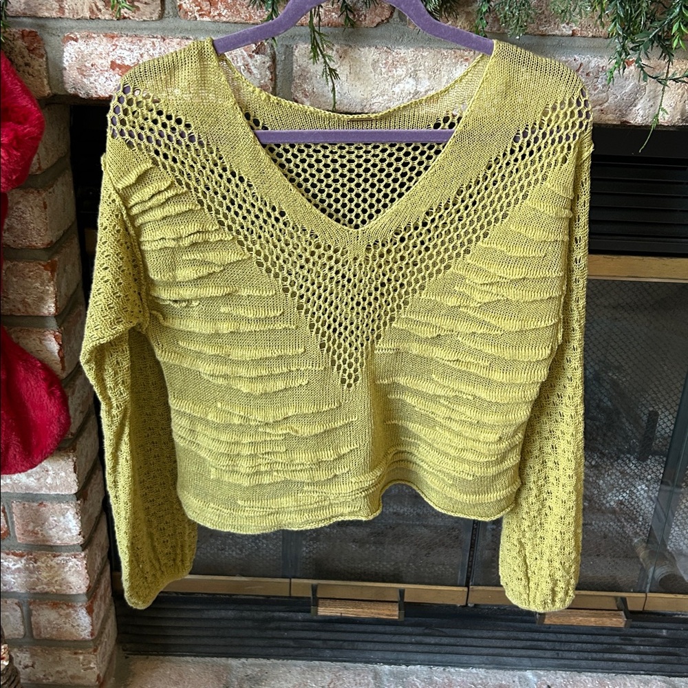 Free People Women’s Open Knit V-Neck Long Sleeve Pullover‎ Sweater Green Size S